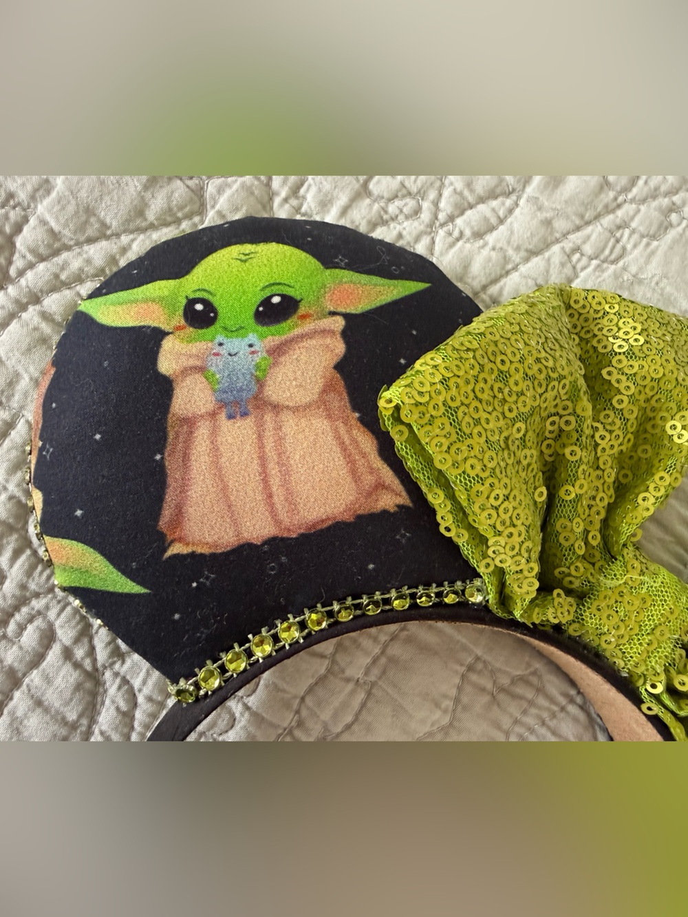 Custom Made Green Sequin Grogu MM Ear Headband - Picture 4 of 4